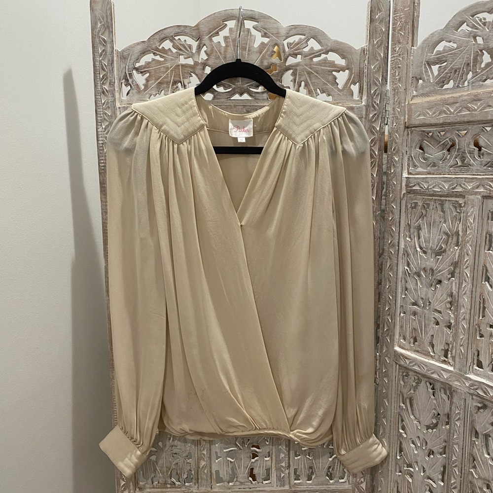 Elegant creme 100% silk blouse with unique shoulder detail by Parker